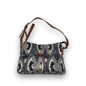 Spartina 449 Linen Leather Shoulder Bag Coastal Geometric Medallion Boho Satchel